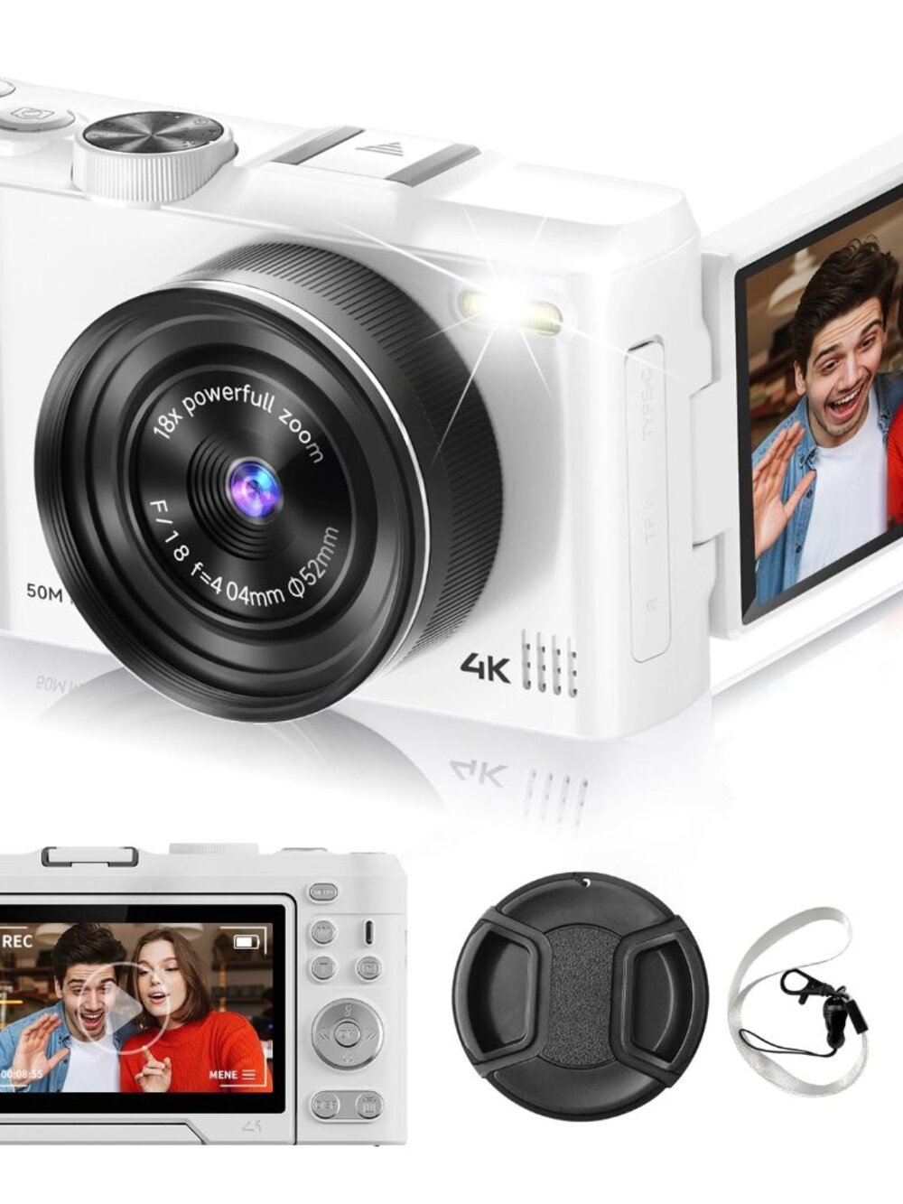 New 4K 50MP Digital Camera for Vlogging, Photography, 180° Flip Screen, 18X Zoom